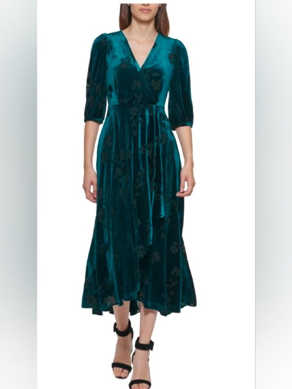 Calvin Klein Women's Floral Print Velvet Dress Green 0P